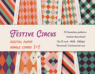 Retro Carnival Circus Digital Paper Combo 1 & 2