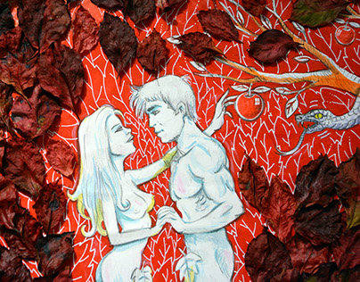 Adam and Eve work, used dried natural leaves
