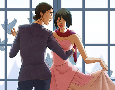 Step by step painting of Eren and Mikasa