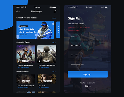 Gaming App - Sign Up & Home Screens