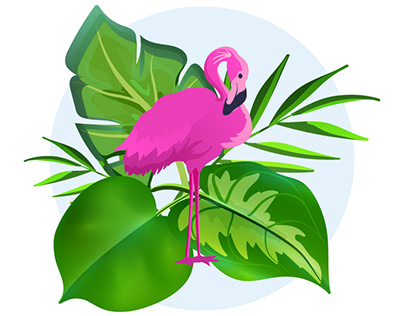 Vector Illustration of a Flamingo and Tropical leaves