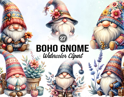 Boho Gnome Watercolor Clipart