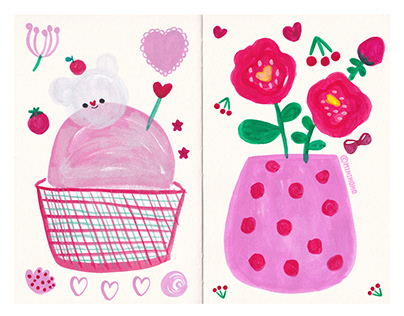 pink & red gouache flower ice cream drawing 핑크 레드 일러스트