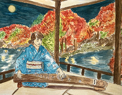 Ink Illustration of a Koto musician