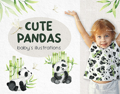 Cute Pandas. Watercolor seamless patterns