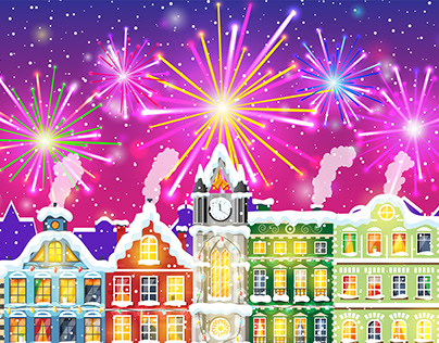 Christmas Card with Urban Landscape and Fireworks