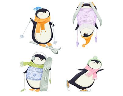 Set of four funny penguins