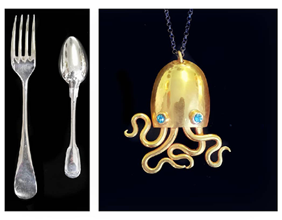 Octopus necklace
Vintage fork and spoon welded
Gilded