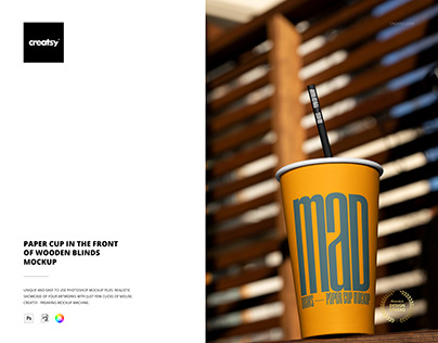 Paper Cup in the Front of Wooden Blinds Mockup