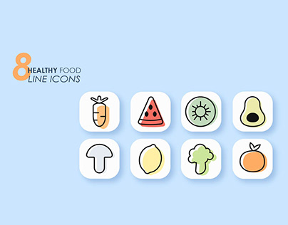 8 Line icons: "Healthy food and proper nutrition"