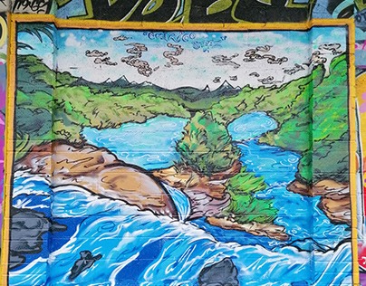 Ukiyo-e style mural of Agua Azul, Conrico Steez