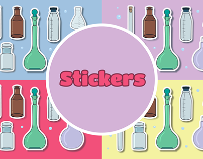 A set of brightly colored chemistry lab stickers.