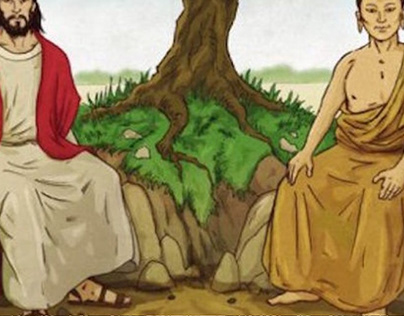 Jesus and the Buddha sitting under the tree