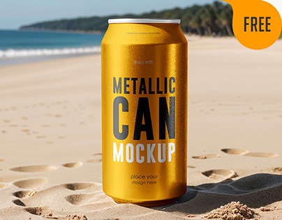 Free Metallic Can on the Beach Mockup. AI Generated