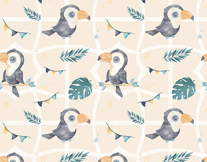 Set of patterns for baby surfaces. Cute toucans