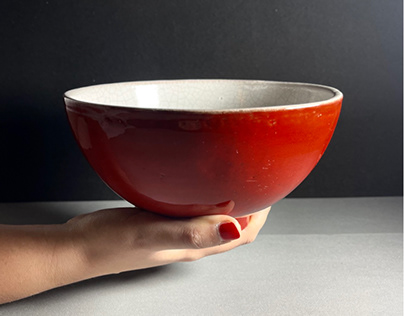 Bowl in ceramica. Rosso selenio e bianco craquelé