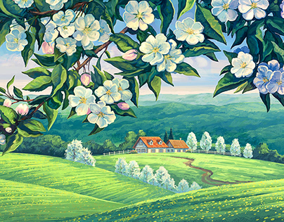 Landscape with blossoming apple tree
