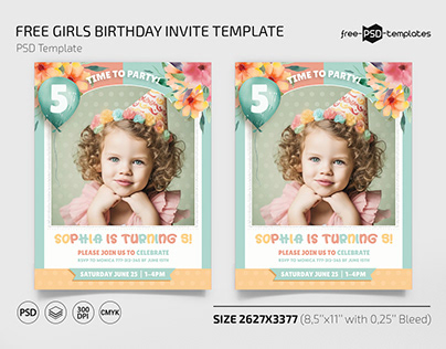 Free Girls Birthday Invite PSD Template