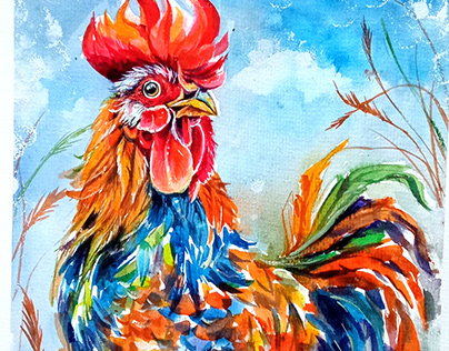Bird Rooster Watercolor Painting: Ukraine