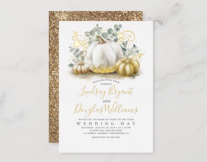 Pumpkins And Eucalyptus Fall Wedding Foil Invitation