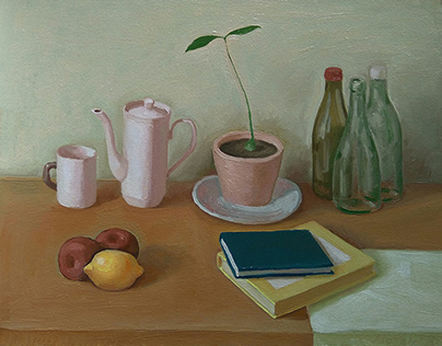 Still Life With Avocado, Books And Other Objects