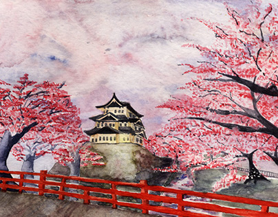Hirosaki Castle in Watercolor