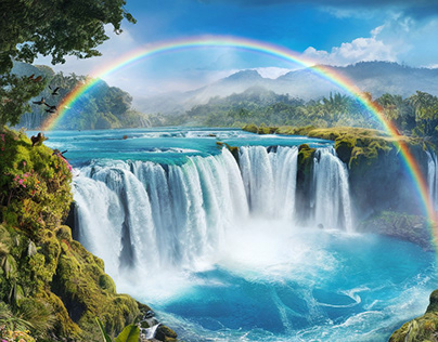 A rainbow over a waterfall surrounded