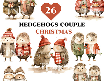 Hedgehogs Couple Christmas PNG Clipart