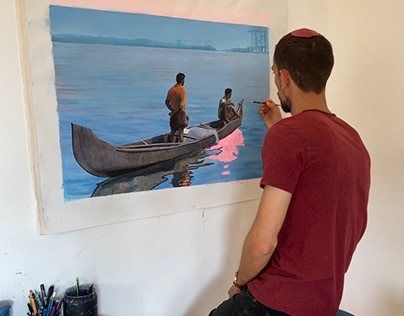 acrylic painting - Fishermen in Cochin, India