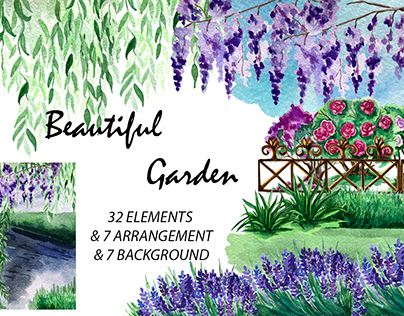 Beautiful garden watercolor clip art set illustration.