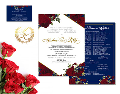 Royal blue with burgundy floral wedding invite