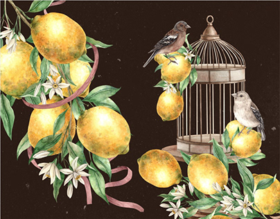 Lemons and birds vintage botanical illustration