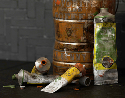 3D Model and Texture of a Rusty Can and Paint Tubes
