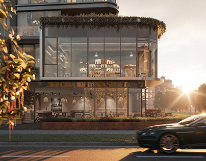 Miniaturka projektu — Modern building exterior golden hour, 3D Rendering