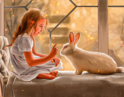 Cute baby girl with Rabbit Digital Painting