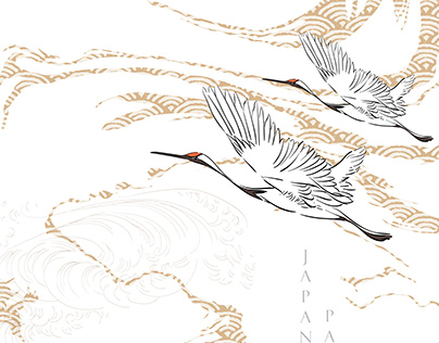 Crane birds with Japanese wave pattern vector.