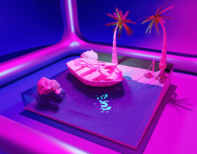 Beach Side in a Box WIth Boat Stone 3D Rendered
