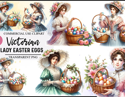 Watercolor Victorian lady Easter eggs basket Clipart