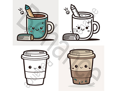 Coffee Cup Logo, Cute Coffee Cup Cartoon line art vecto