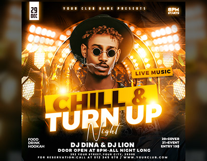 Nightclub chill turn unplug dj party flyer