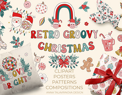 Retro Groovy Christmas clipart and pattern collection