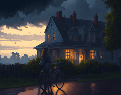 the girl on the bike at a cloudy sky over home