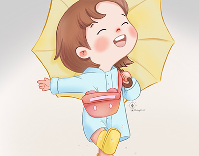 Girl enjoying rain- storybook character illustration