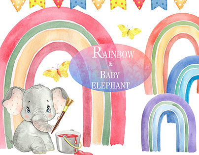 Elephant clipart. Watercolor Rainbow clipart