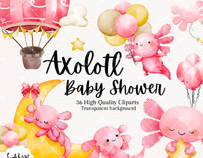 Cute Axolotl Babyshower party watercolor clipart png