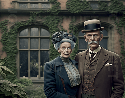 Victorian-Steampunk era couple in front of mansion.