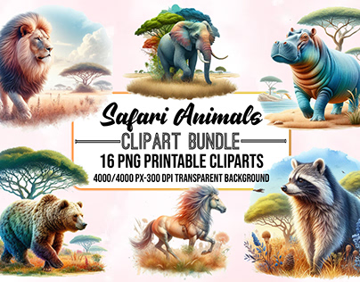 Watercolor Safari Animals Clipart Bundle