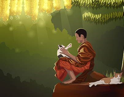 Boy and cats in the golden forest