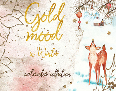 Gold mood in winter. Watercolor collection