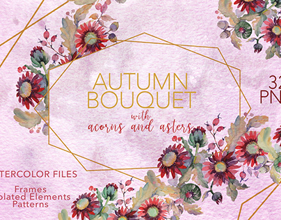 Watercolor Autumn Bouquet with acorns and asters PNG se